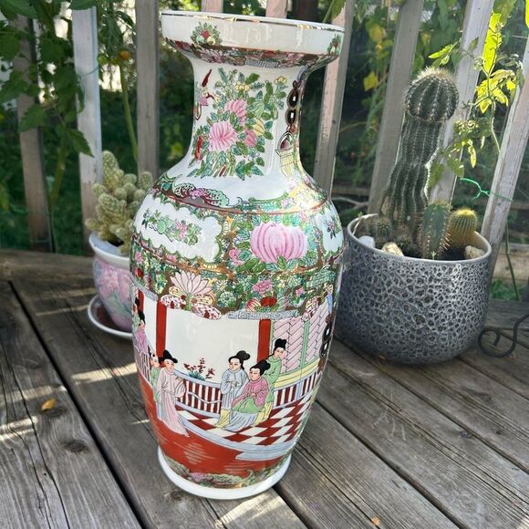 Large Antique Famille Rose Porcelain Vase Chinese Floral Figural Birds 18.5 Inch - Picture 6 of 16
